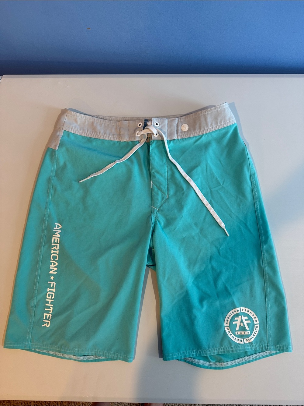 American Fighter Teal and Light Gray Men's Swim Board Shorts Size 30